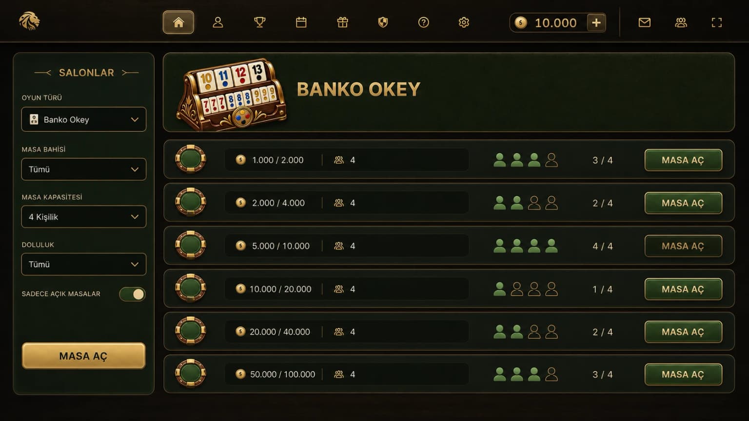 Banko Okey — ImageGen ile üretilen Banko Okey salon listesi